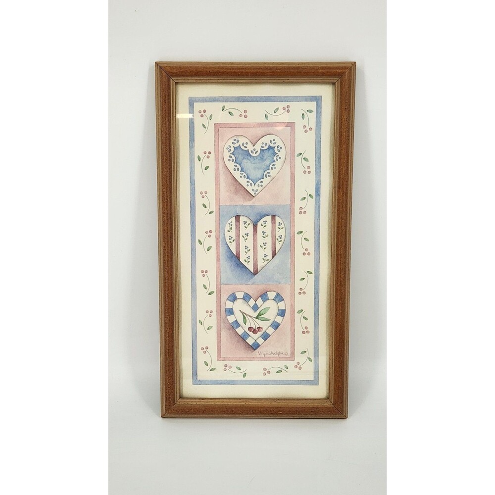 VTG 1980s Virginia Welytok Country Hearts Pastel Framed Art Print Cottagecore